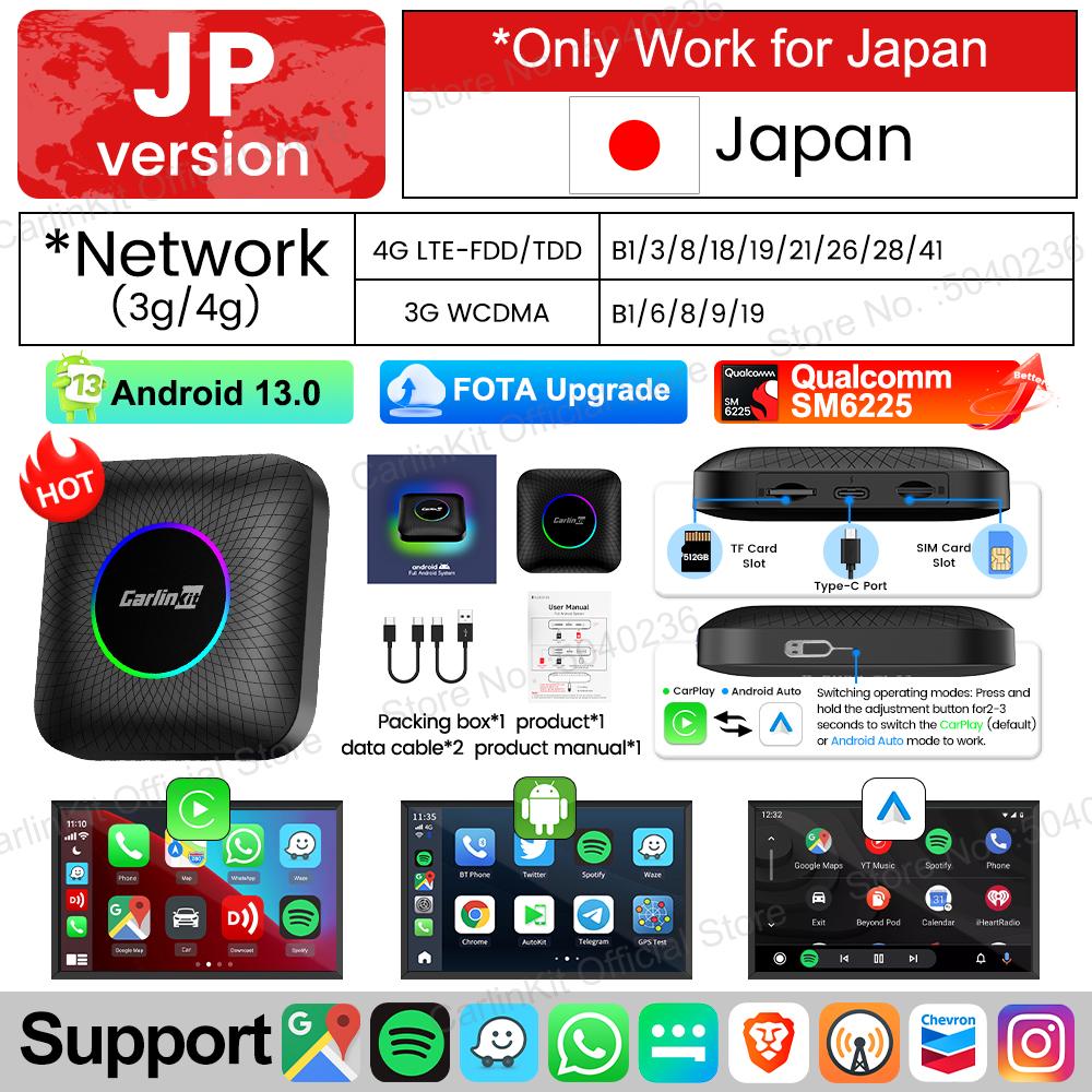 CarlinKit LED Android 13 ТВ-бокс SM6225/SDM660 8-ядерный Беспроводной CarPlay и Android Auto AI Box Поддержка GPS Netflix/IPTV/TF/SIM-карты