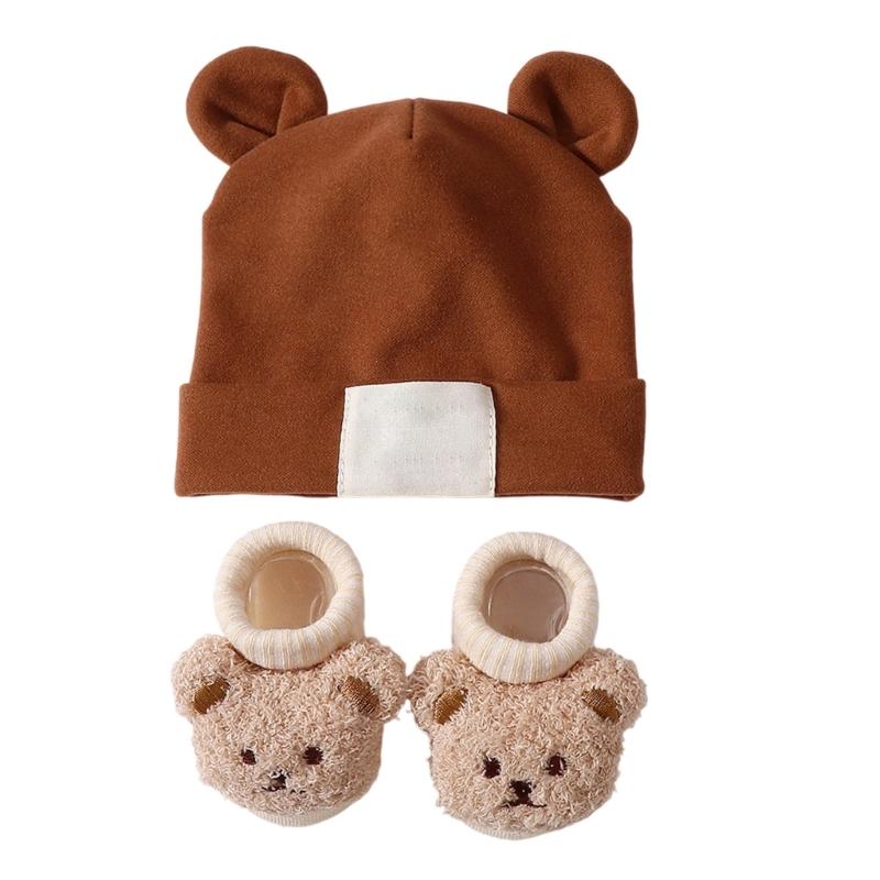 Дышащая детская шапка и носки с ушками Эластичная смесовая ткань Хлопок и Полиэстер Нежное воздейжение на чувствительную кожу Надежная посадка для младенцев