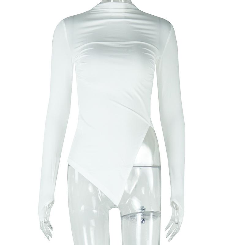 Женский обтягивающий свитер с круглым вырезом, однотонная футболка с длинным рукавом и складками, нестандартной формы