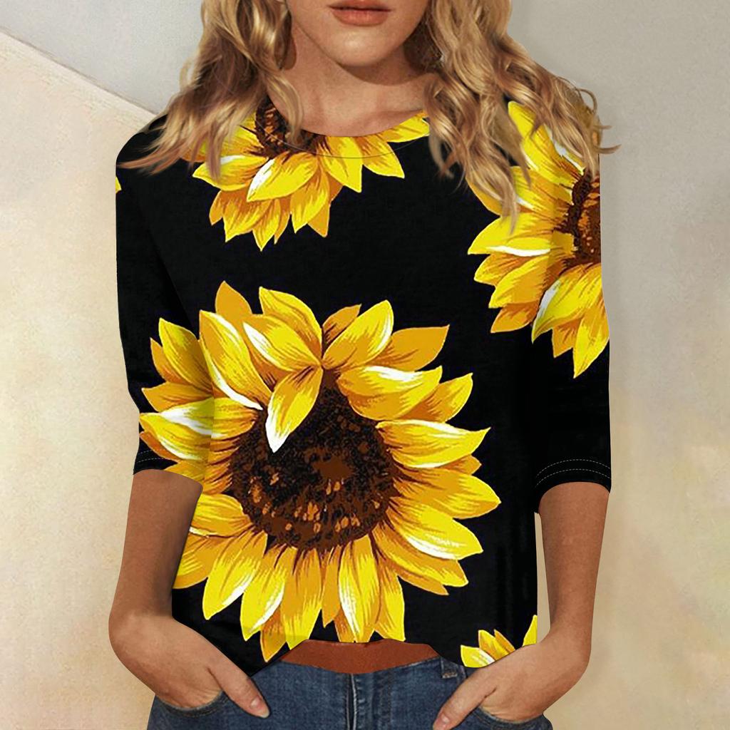 Round Neck 3D Printed Sunflower Pattern Top Fashionable Casual Long Sleeved Women's T-shirts