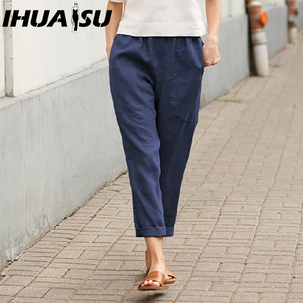IHUASU Женские летние однотонные брюки с двойными карманами, свободные длинные брюки, женские хлопковые льняные брюки