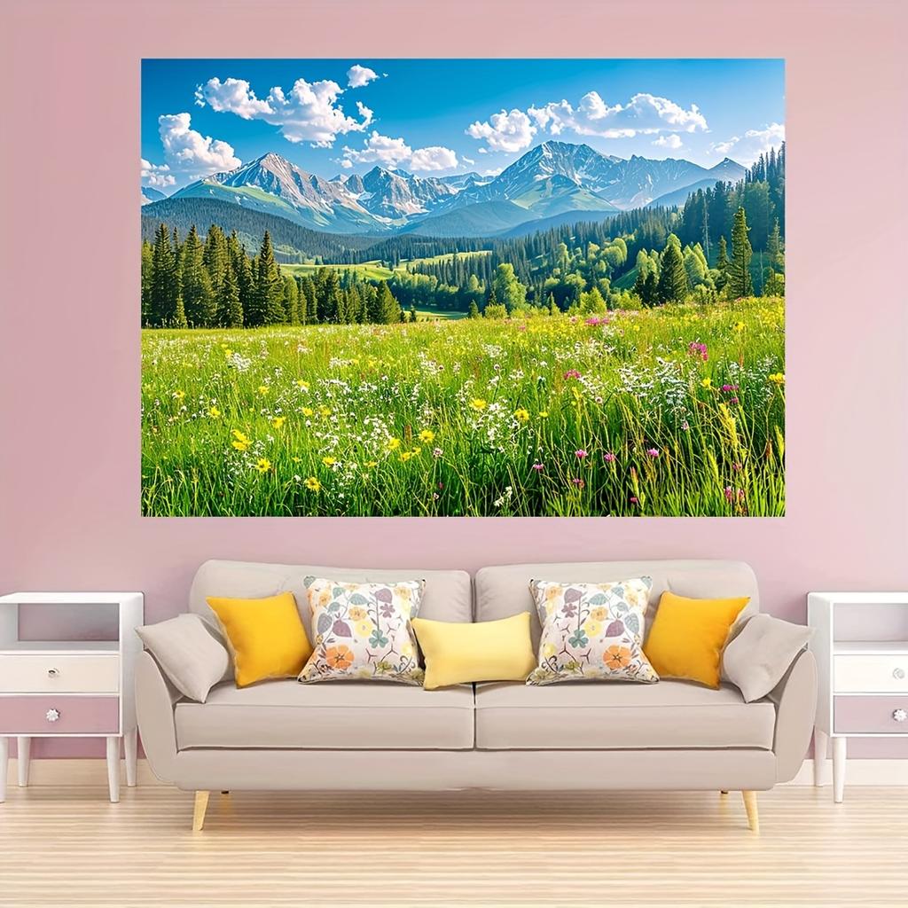 Spring scenery, green grassland, pine trees, forest background, photography, camping, adventure, party background, banner