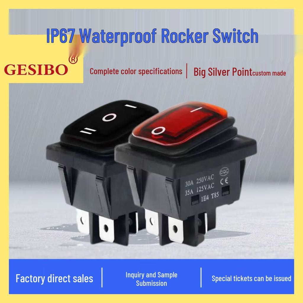 Waterproof KCD4 Boat-shaped Rocker Switch, High Current, 4/6 Pins, 2/3 Positions, with Light Silver Point