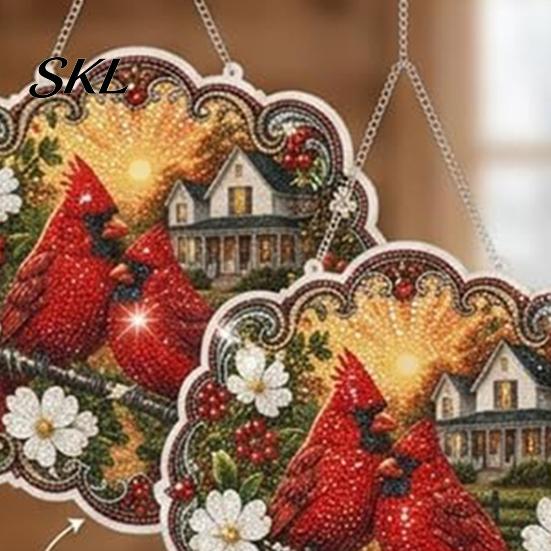 Pre-printed Diamond Canvas Cardinals & Sunrise Painting DIY Craft Kit, Acrylic Diamonds Hanging Decoration with Office Desk Pre-Printed Pattern