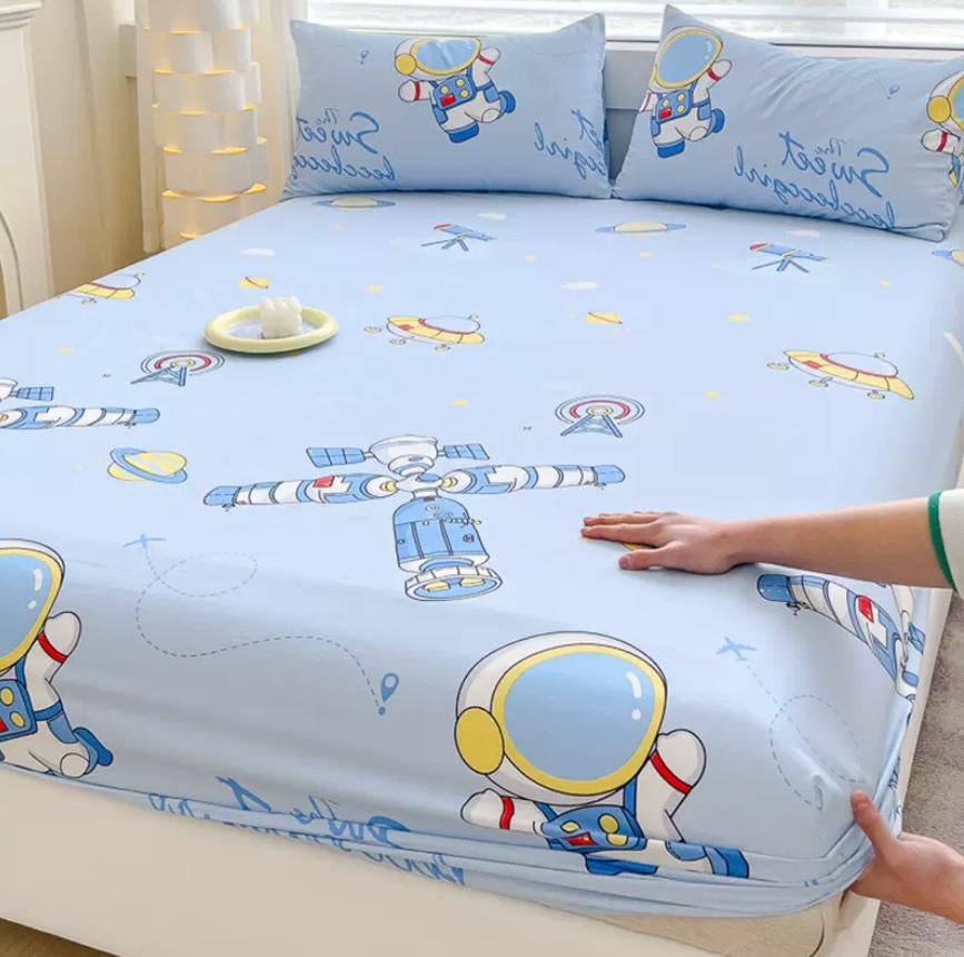 Cartoon Space Animal Printed Fitted Sheet with Elastic Band + 2pcs Pillowcases 100% Cotton Mattress Protector For Kids 16 Sizes
