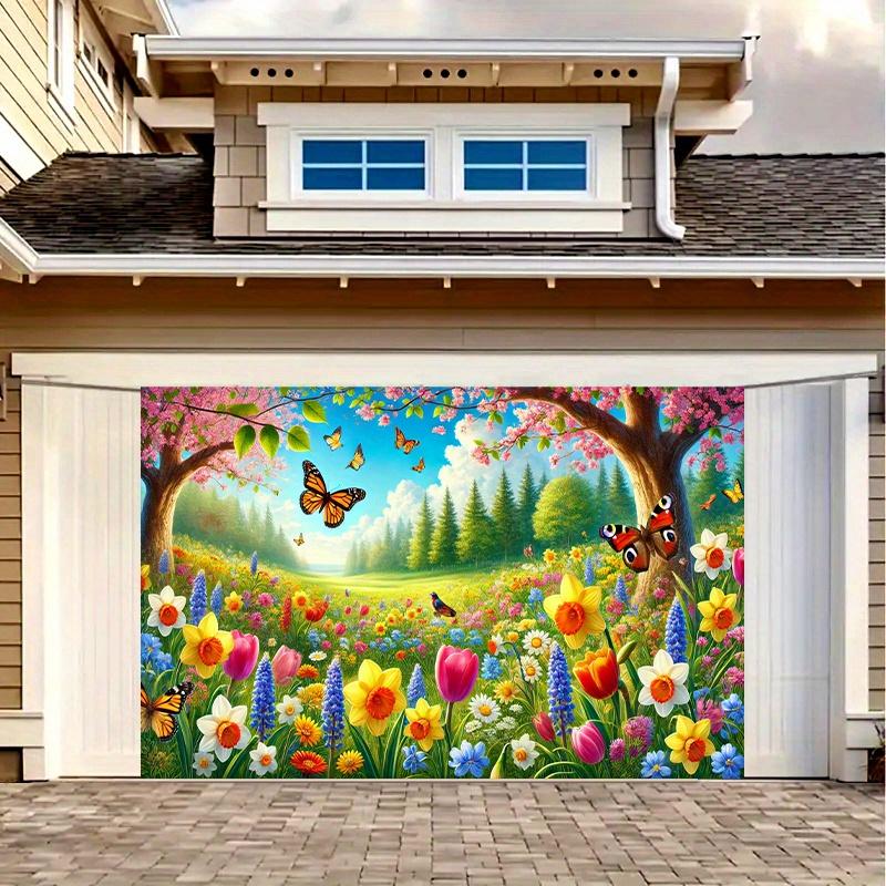 1 vibrant Spring Meadow Polyester party banner - hearty greenery and colorful flower design with butterflies and birds