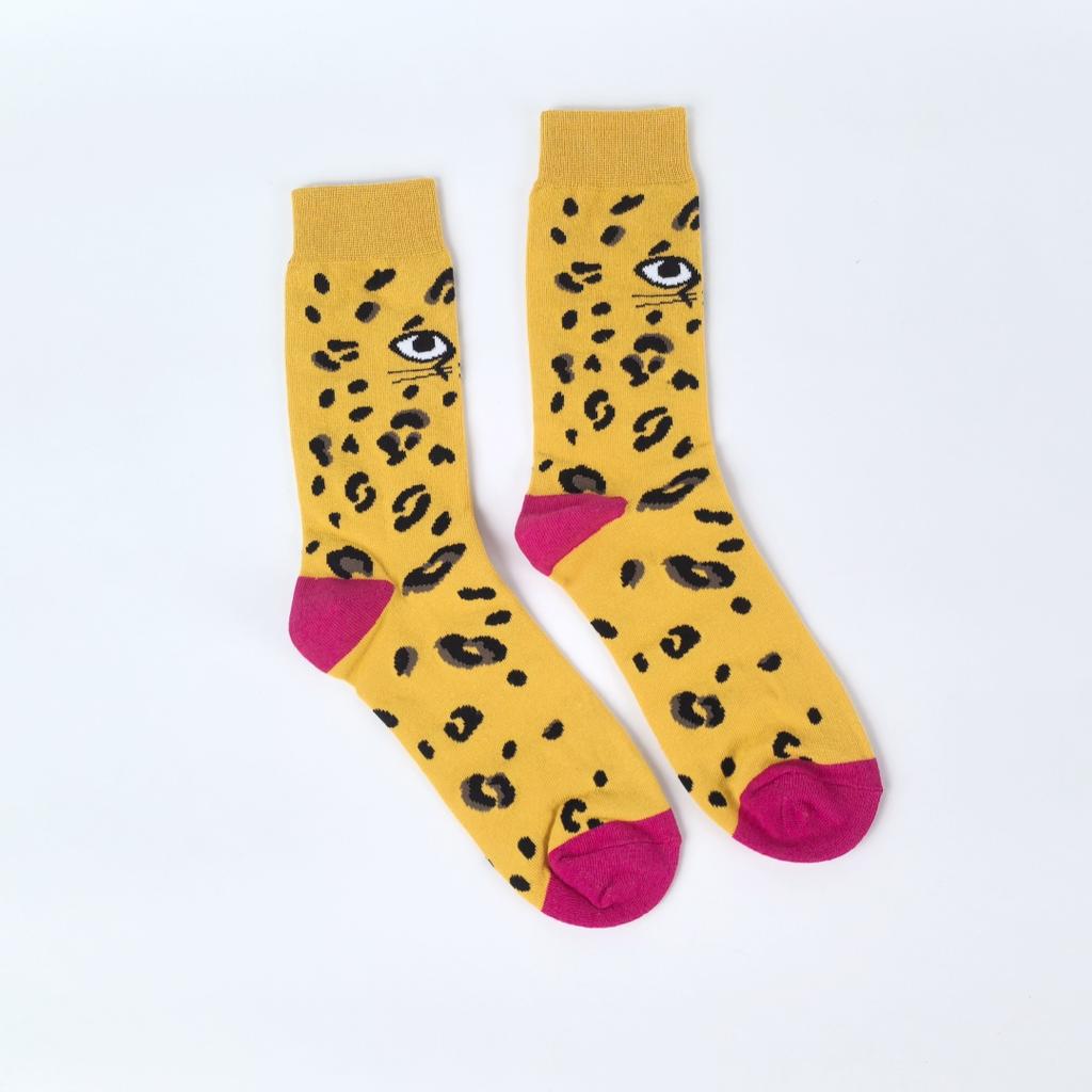 1 Pair Animal Collection Wolf and Leopard Pattern Men's Mid Calf Socks Trendy Street Fashion Suit In All Seasons Wearing