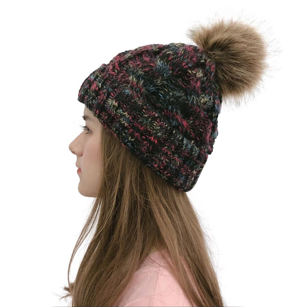 Women Casual Multicolor Outdoor Plush Ball Hats Crochet Knit