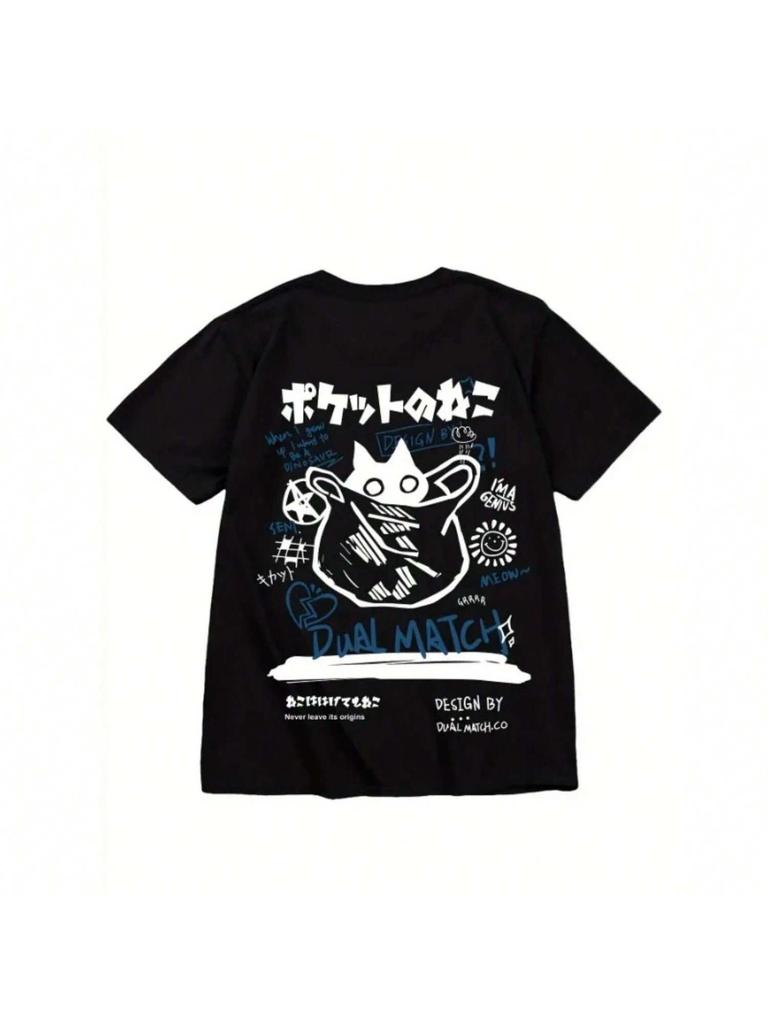 Ladies Cartoon Black Cat Pattern Printed T-Shirt Casual Short Sleeve Cotton Round Neck Fashion T-Shirt Ladies Outdoor Clothing
