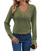 Jungle Green Textured Knit V Neck Button Cuffs Long Sleeve Top