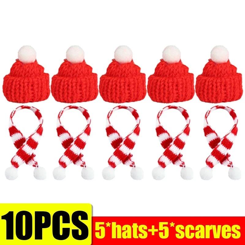 Mini Santa Hat Knitting Cap Scarf Set Christmas Wine Bottle Cover Topper Doll Clothes Craft DIY Xmas Bottles Holder Table Decor