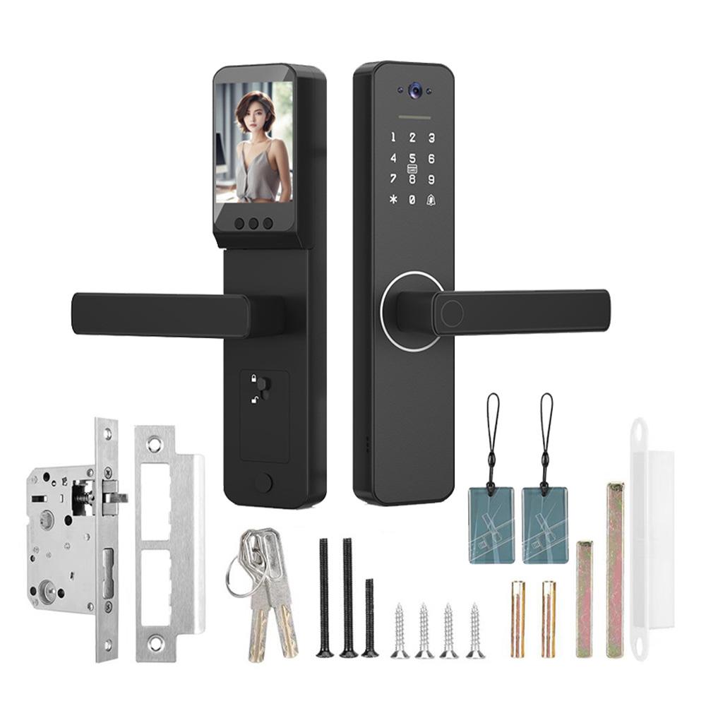 Smart Lock with 120 degrees  Wide Angle Camera and Smart Doorbell Aluminum Alloy Keyless Entry Lock Handle Biometric for 35-60mm   Home