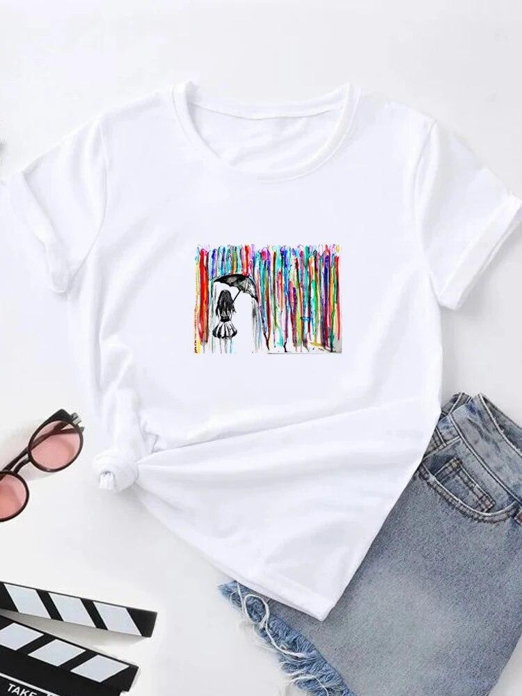 Футболка с летним принтом, женские футболки с рисунком Harajuku, корейская повседневная модная футболка с короткими рукавами Harajuku, белая футболка с круглым вырезом