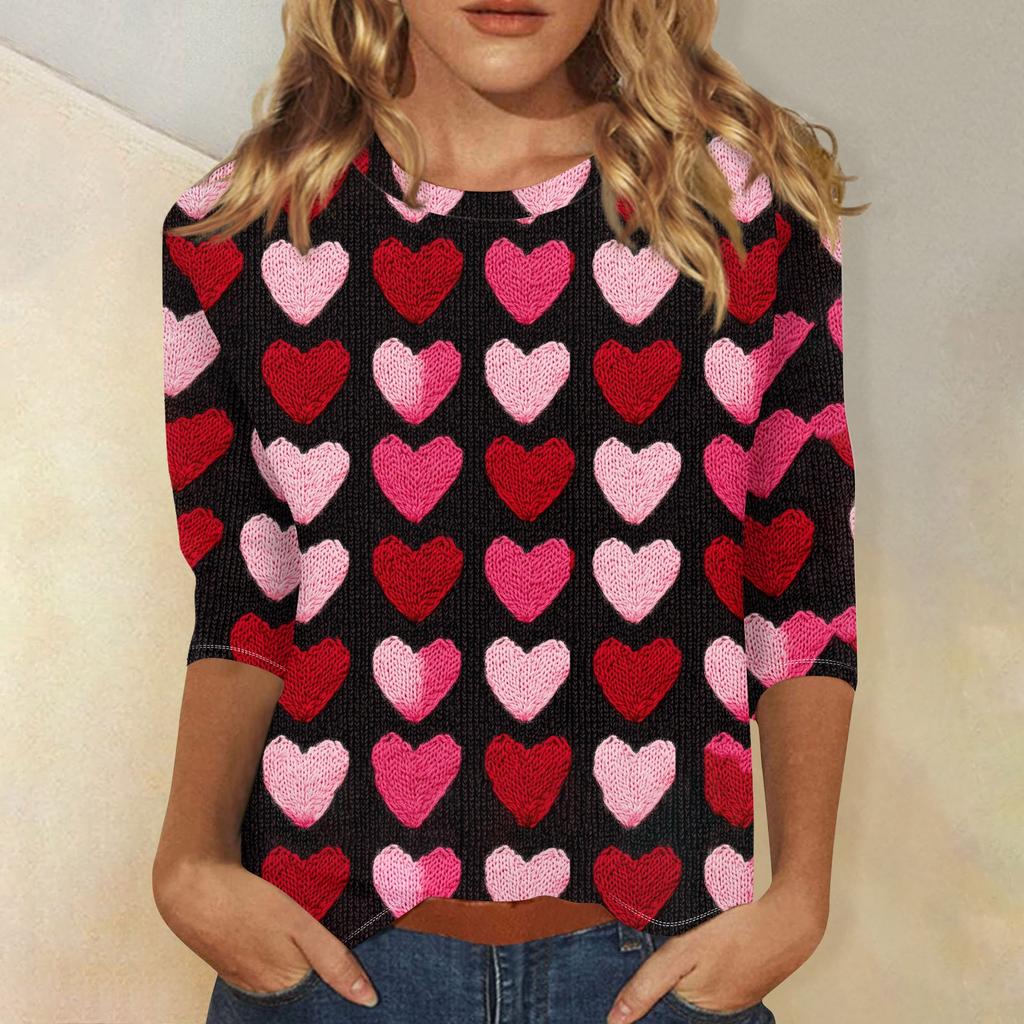 Женская повседневная свободная футболка с круглым вырезом и принтом ко Дню святого Валентина с рукавами три четверти