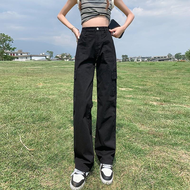 Womens High Waist Straight Leg Cargo Pants Loose Fit Wide Trousers