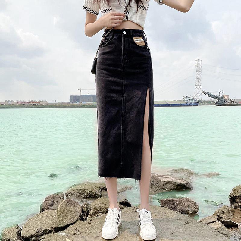 Женская джинсовая миди-юбка с высокой талией и боковым разрезом - Лето 2024 Приталенная А-силуэта Облегающая Уличный стиль