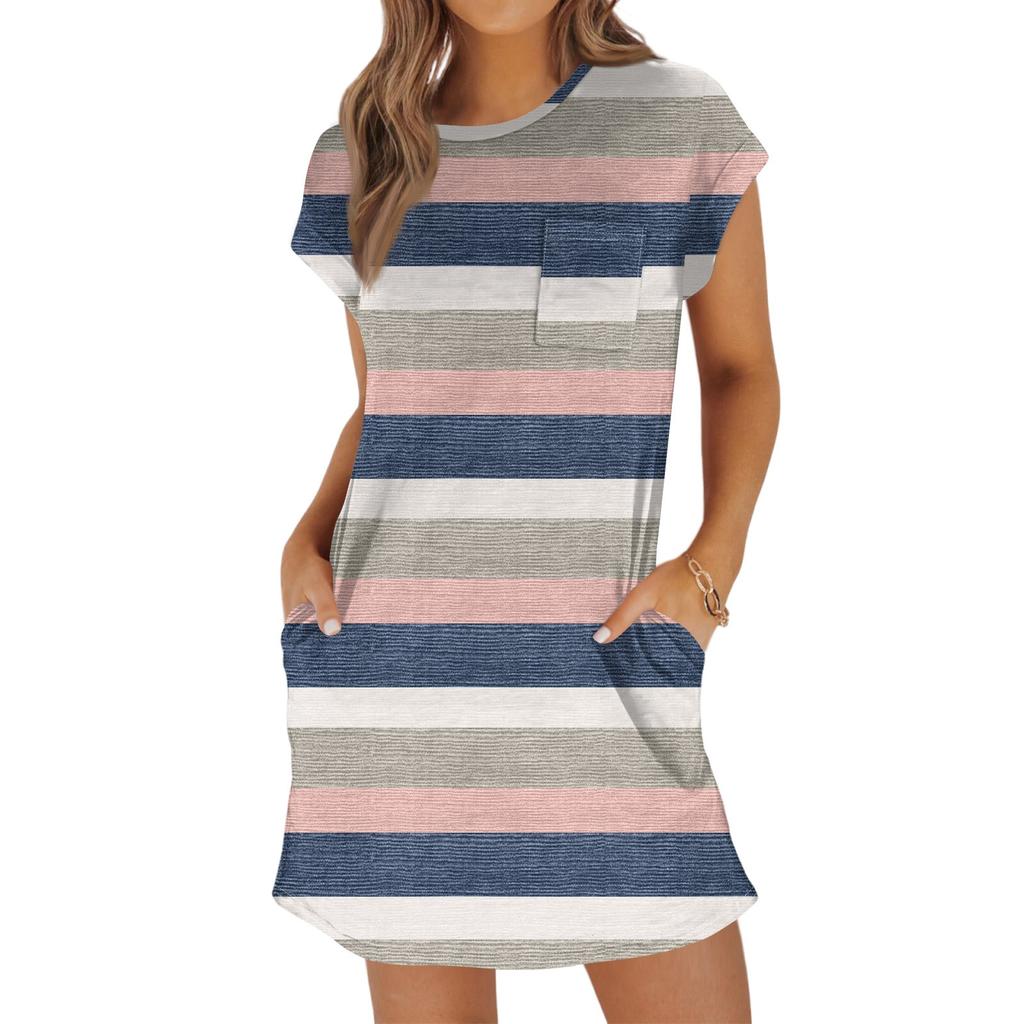 Женское модное повседневное летнее платье с полосатым принтом, коротким рукавом, круглым вырезом и карманами
