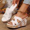 Женские кожаные сандалии Женские повседневные сандалии на высоком каблуке с уклоном Модные повседневные сандалии с пуговицами и ажурными пуговицами Леопардовые шлепанцы для женщин