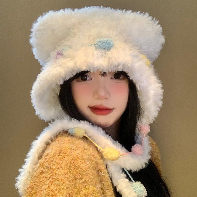 Теплая плюшевая шапка с ушками медведя и кошачьим бантом для женщин – защита ушей на осень/зиму с открытым лицом