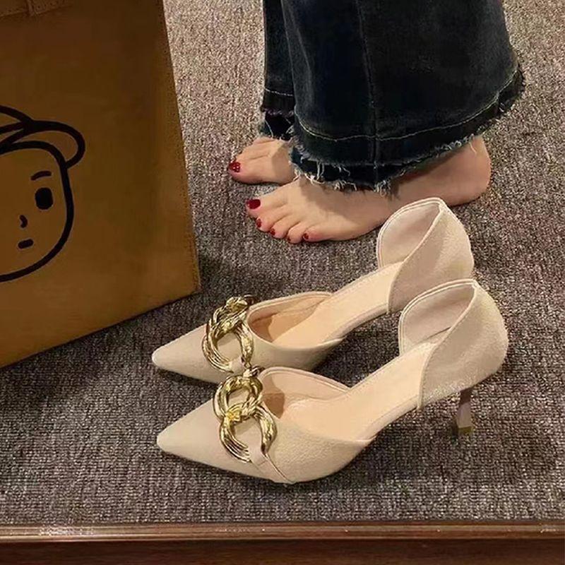 Женские туфли-лодочки телесного цвета 2025 новый дизайн нишевые французские тонкие каблуки острый носок принцесса не устают ноги одинарная обувь женская