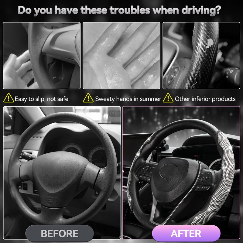 Universal 38cm Bling Crystal Steering Wheel Cover Sparkling Rhinestone Non-Slip Grip Protector for Car Decoration afety 1Pair
