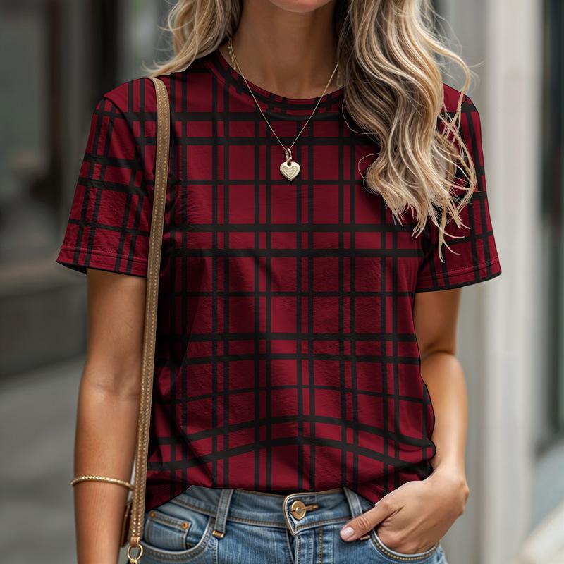 Striped Casual Sports Women's T-shirt Summer Round Neck Short Sleeved Element Pattern Checkered Loose Fit T-shirts