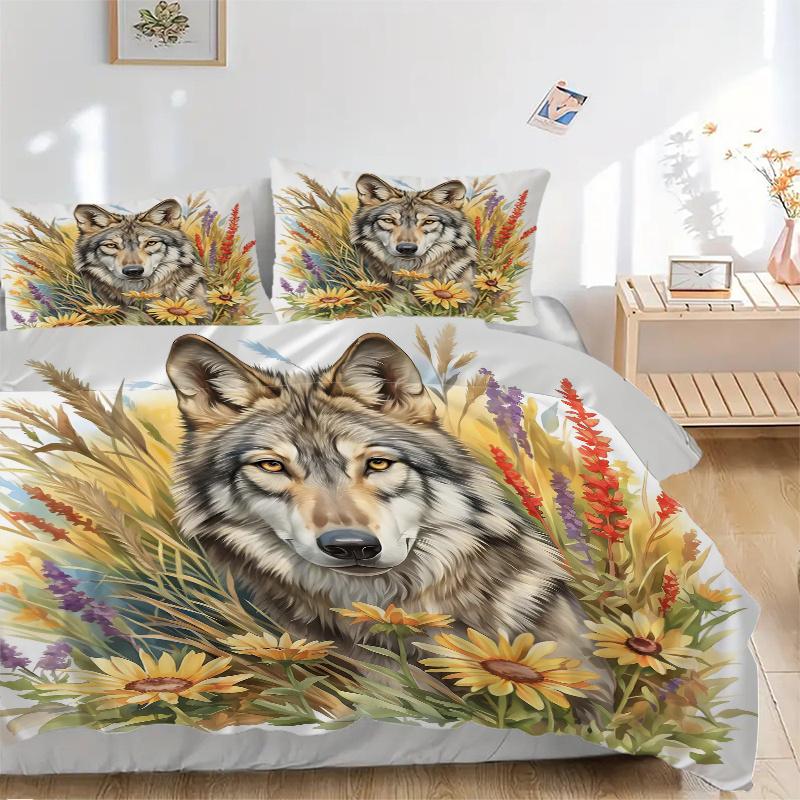 3pcs Wolf Amidst Sunflowers and Lavender Quilt Set - Soft and Comfortable Bedroom, Guest Room and Dorm Decor Bedding Set 1 Quilt Cover + 2 Pillow