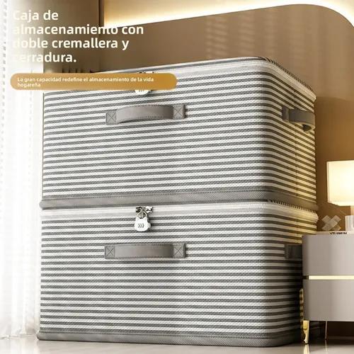 26 L Foldable Storage Organizer Box - Gray Striped Non-Woven Fabric Collapsible Bin with Lock for Bedroom Closet Clothing Toys Quilts Magazines