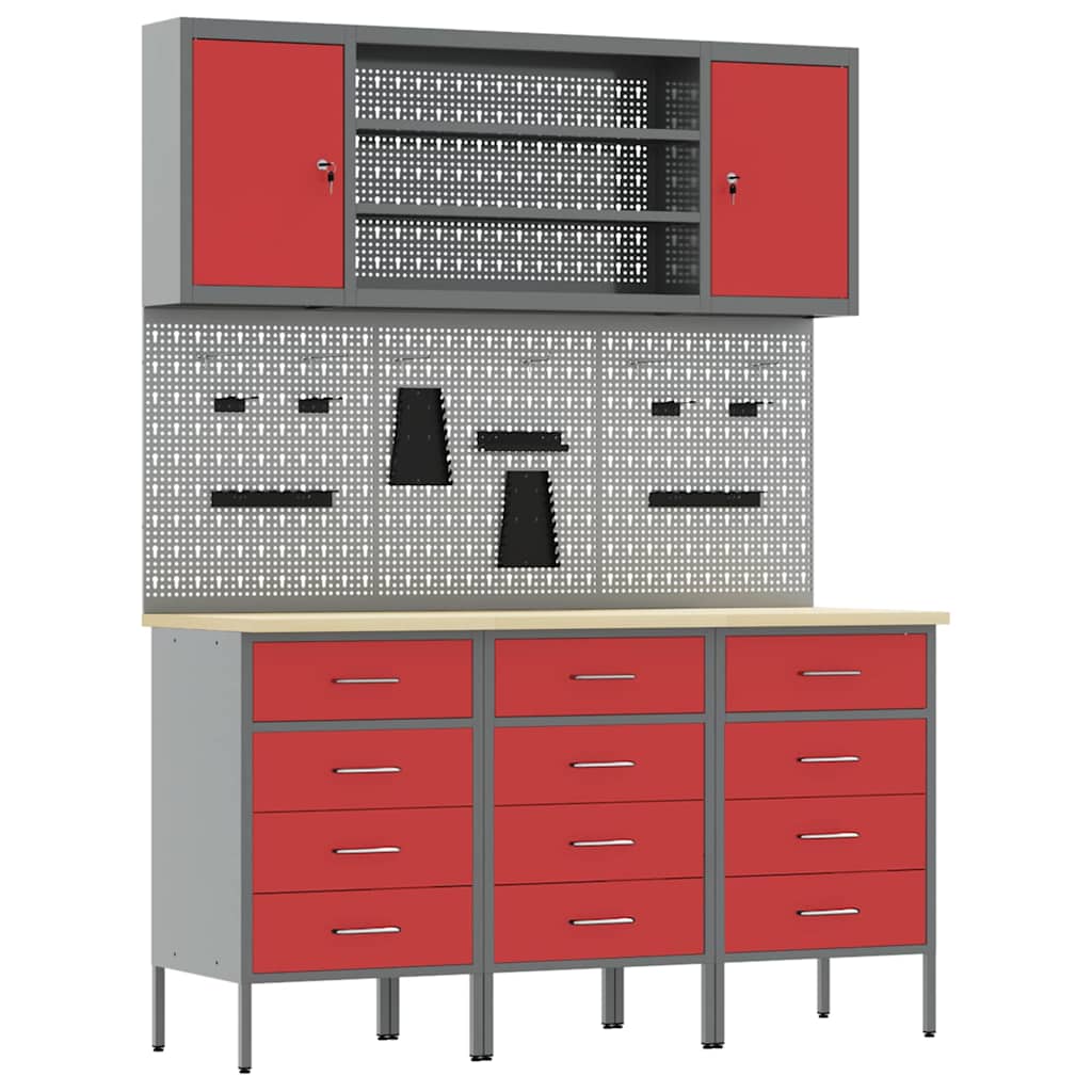 Workbench with Drawers 7 pcs Red Engineered Wood and Steel
