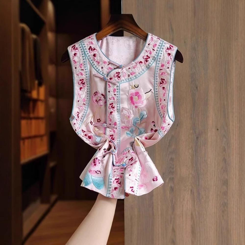 Женский ретро кардиган без рукавов: Китайский стиль с обильной вышивкой и застежкой-лягушкой - Универсальный весенне-осенний жилет