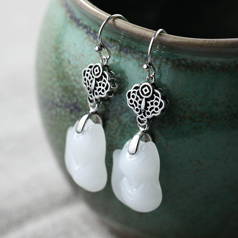 Серьги-подвески Aier Yuanyuan Taiyin с инкрустацией имитацией нефрита Хэтянь в ретро-стиле - Аксессуары для ханьфу и ципао в китайском стиле.