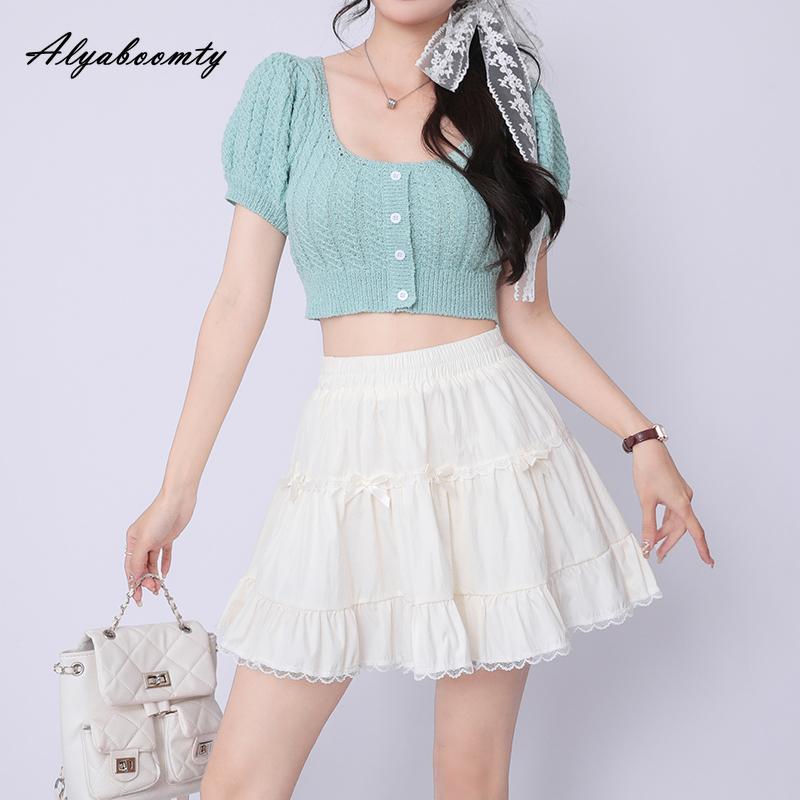 Летнее женское бальное платье в стиле Лолиты, мини-юбка с высокой талией, белая, абрикосовая, черная, с бантом, многоуровневая юбка, милые короткие юбки для девочек Kawaii