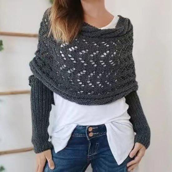 Knitted Cable Wrap with Sleeves Solid Color Hollow Twist Crochet Pattern Women Shawl Scarf