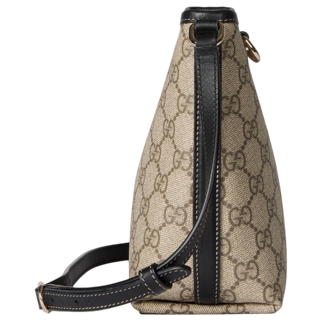 Gucci GG Supreme Beige Bucket Bag, Black Leather Trim, Women's Daily Shopping Travel Crossbody Handbag 847090-FAEUC-9741