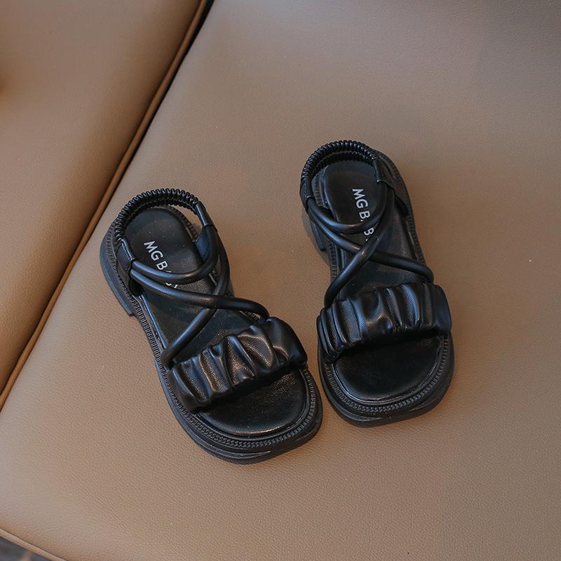 Сандалии для девочек, детская мода, универсальные, плиссированные, с открытым носком, нескользящие, детские, повседневные, пляжные туфли, новинка 2024 года, мягкие, простые, летние, принцесса