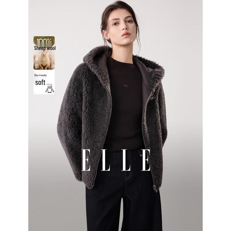 ELLE Женская плюшевая куртка с капюшоном из 100% шерсти, французский стиль