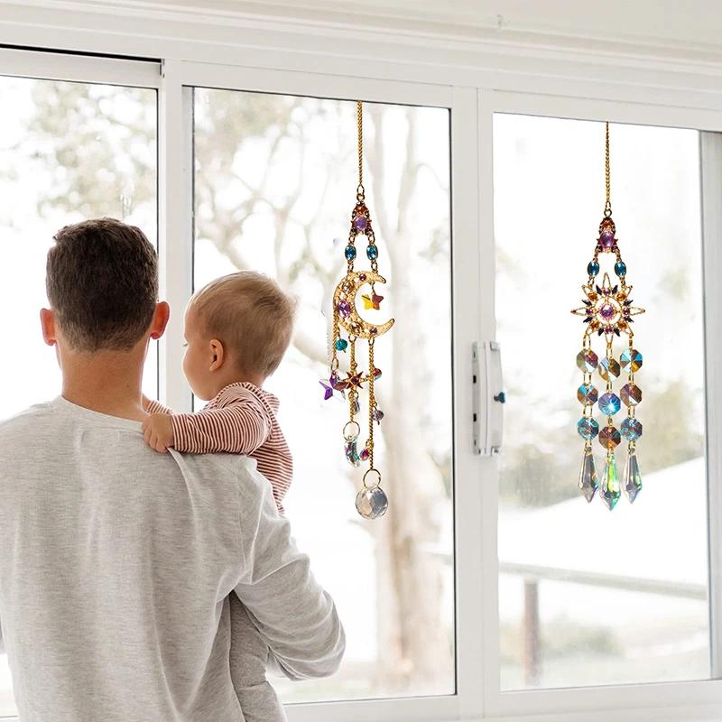 Crystal Pendant Suncatcher Window Prisms Rainbow Maker Vintage Wind Chimes Sun Moon Hanging Ornament Home Garden Decoration