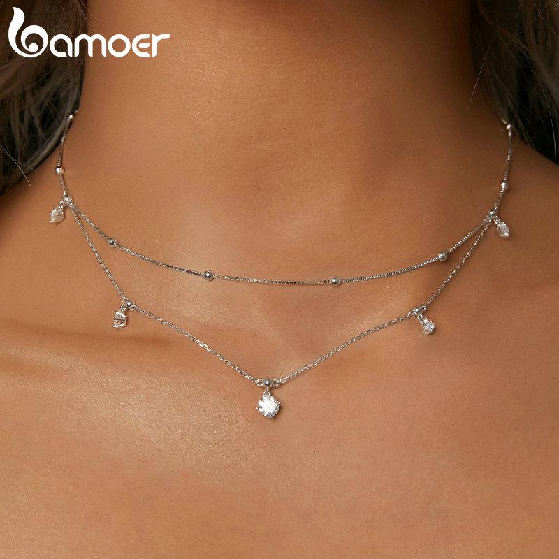 BAMOER двухслойное ожерелье с кисточками из муассанита, стерлинговое серебро 925 пробы, круглое многослойное стильное изящное колье-колье