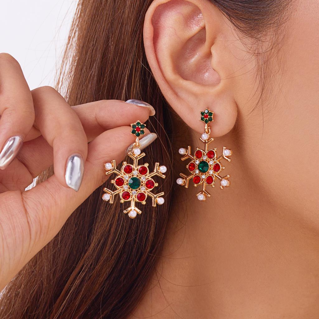 Colorful Crystal Christmas Snowflake Zircon Pearl Earrings Stud For Women Dangle Hook Xmas Party Fashion Jewelry Gift