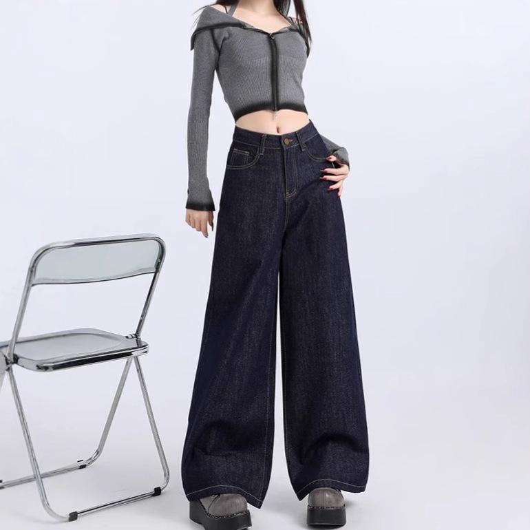 Женские ретро джинсы широкие от бедра с высокой посадкой темно-синие 2025 - Весенняя коллекция, Свободный крой, Расслабленный стиль, Прямые брюки