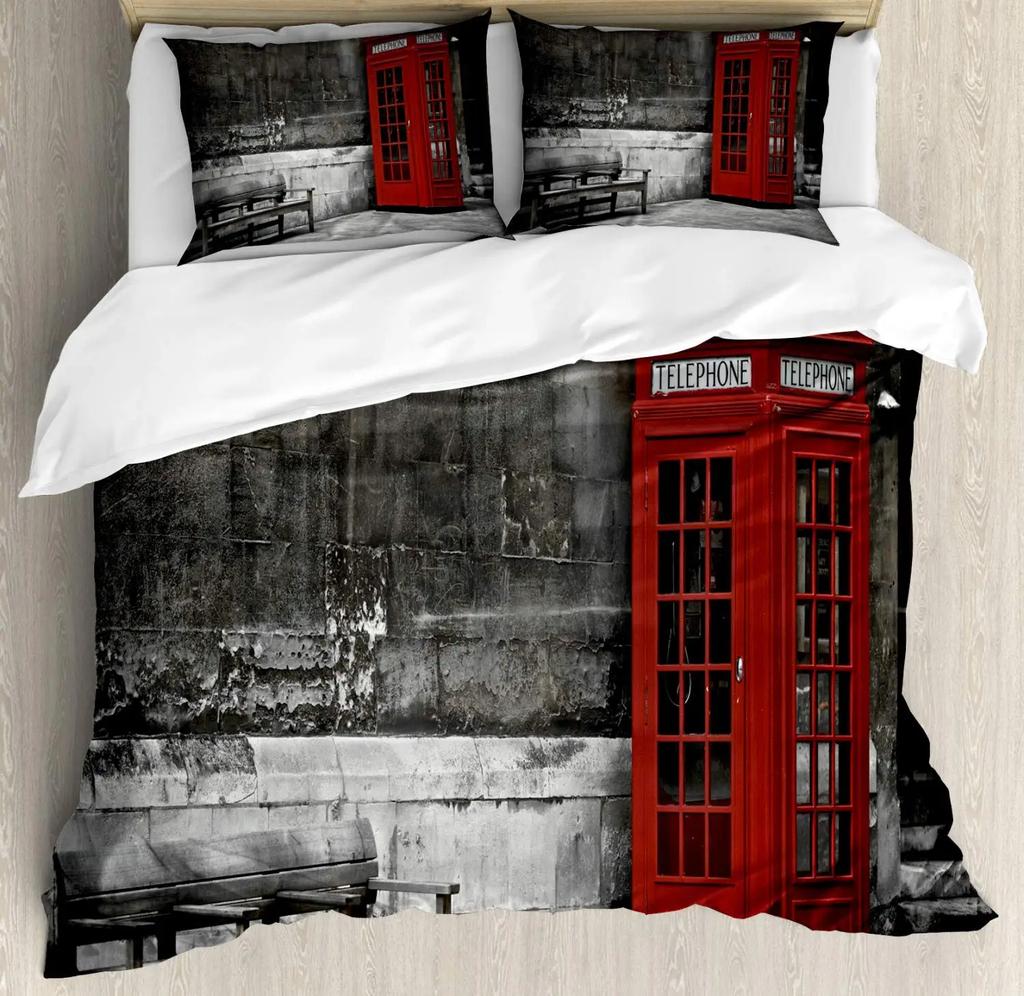 Лондонские Часы Трамваи Мосты Комплект Постельного Белья Лондон Комплект Пододеяльника Лондонская Телефонная Будка На Улице Традиционный Местный Культурный