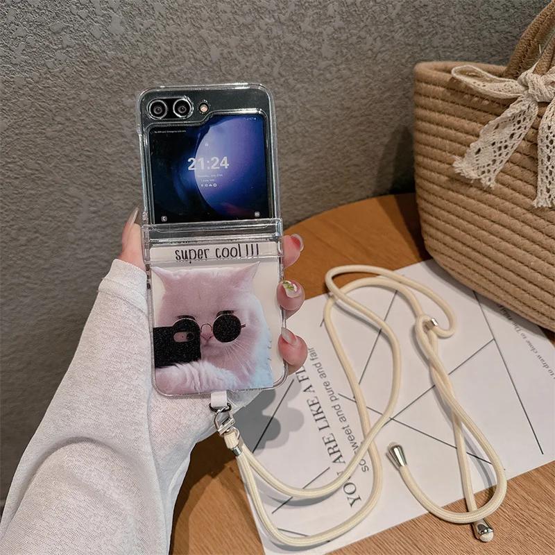 Для Samsung Galaxy Z Flip 6 5 4 3 Чехол Z Flip5 ZFlip 5 ZFlip5 Милый Кот Длинный Шнурок Кроссбоди Жесткая Ударопрочная Крышка
