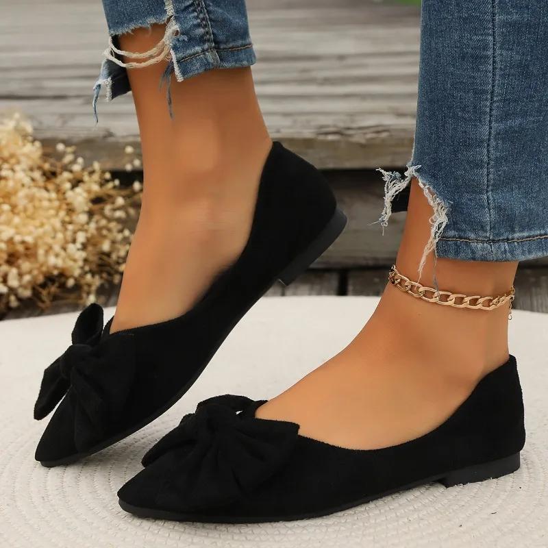 2024 Summer Fashionable and Comfortable Pointed Simple Bow Casual Large Size Wear-Resistant Women's Flat Shoes Zapatos Mujer