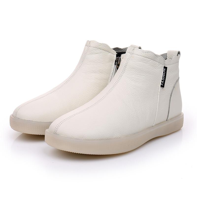 Genuine Leather Cow Women Ankle Boots Warm Wool Motorcycle Slip On Super Comfortable Booties Winter Shoes White Blackse45