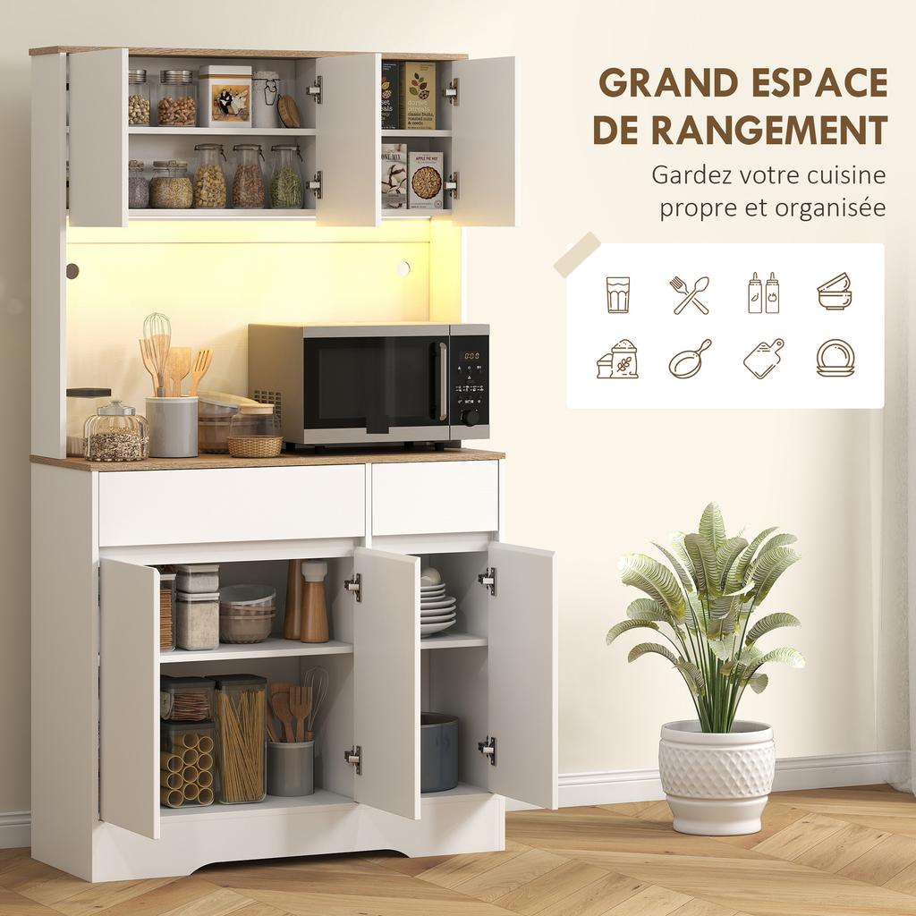 Kitchen Sideboard, Tall Storage Unit, RGB LED Lighting, Worktop, 6 Doors, 2 Drawers, White