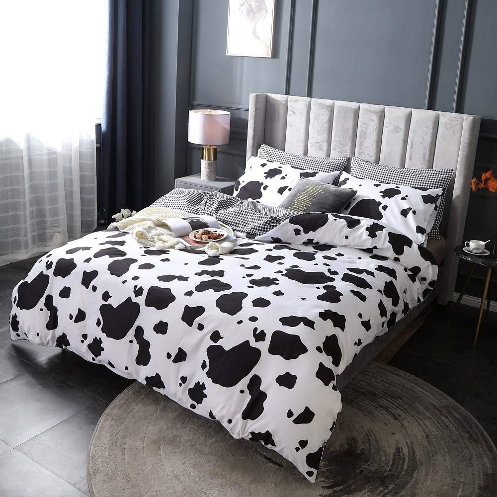 Cartoon Bedding Set Cow Print Duvet Cover Black White Comforter Cover Milk Cow Bedspreads Cover Reversible Plaid Grid Room Decor