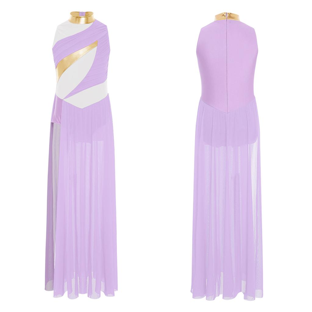 Современное танцевальное платье для девочек: Воротник-стойка с драпированным сетчатым лифом, боковой разрез и дизайн Color Block для сценического выступления