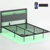 Floating Bed Frame, Upholstered 4ft6 Double Size Bed, Platform Bed with RGB LED Lights and Charging Station, Grey