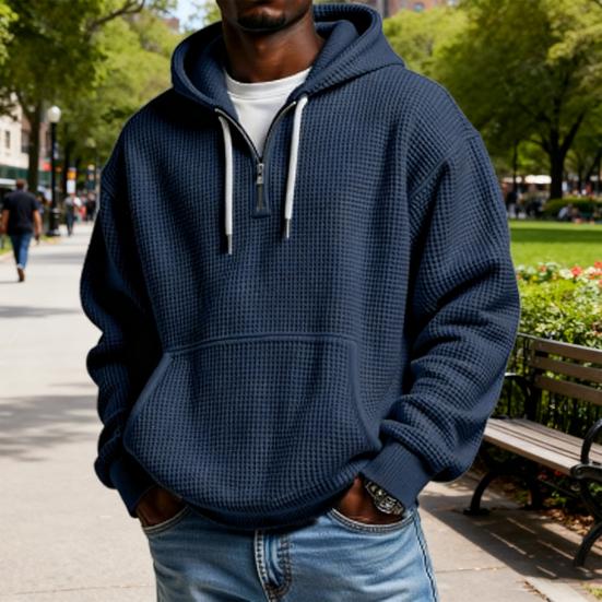 Мужской свитшот с вафельной текстурой, худи, однотонный, пуловер на молнии 1/4 с передним карманом, осенне-зимний, повседневный, свободного кроя, спортивный топ