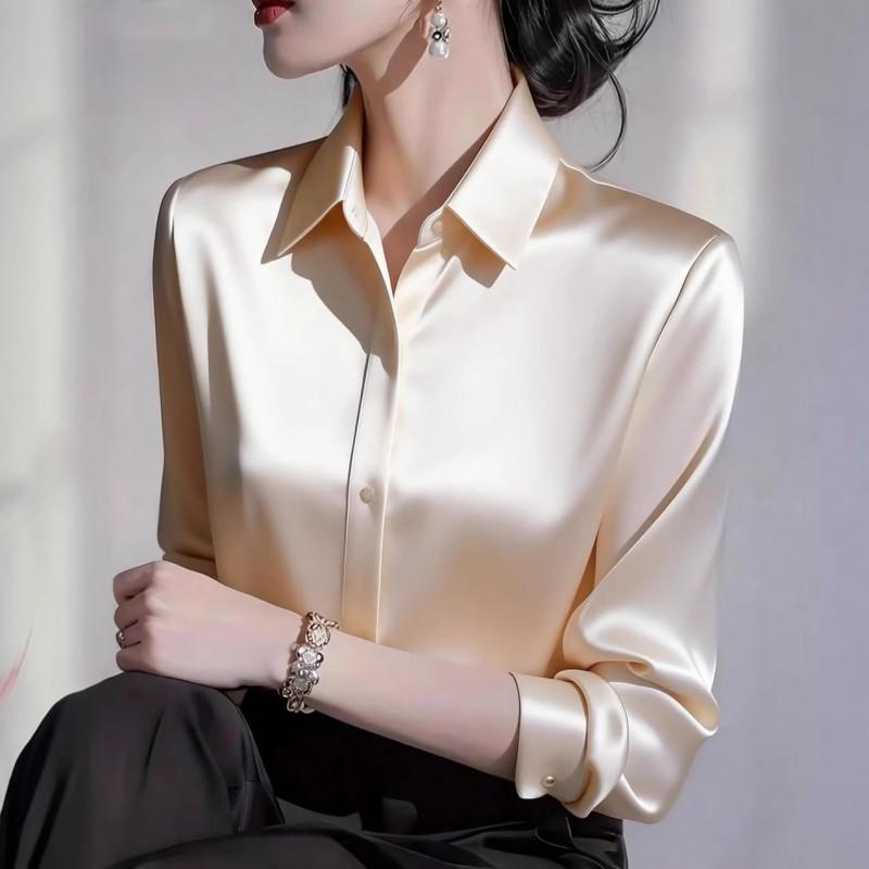 Womens Solid Color V-Neck Satin Long Sleeve Button-Up Blouse 2026 Office Wear